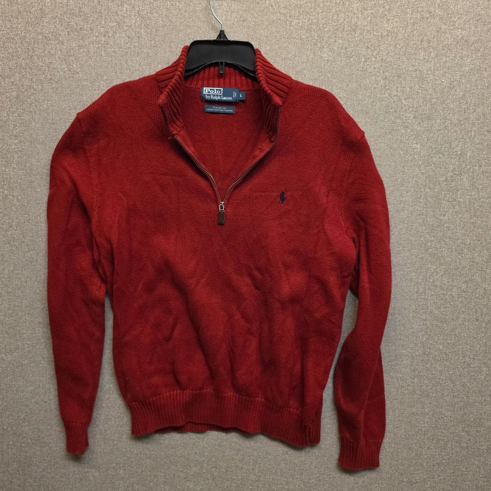 Vintage Polo Ralph Lauren Mens L Red 100% Cotton 1/4 Zip Sweater Preppy